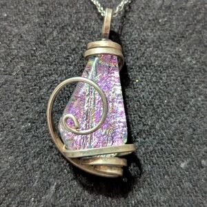 Handcrafted Sterling Silver Pink Purple Iridescent Dichroic Glass Pendant Neckla